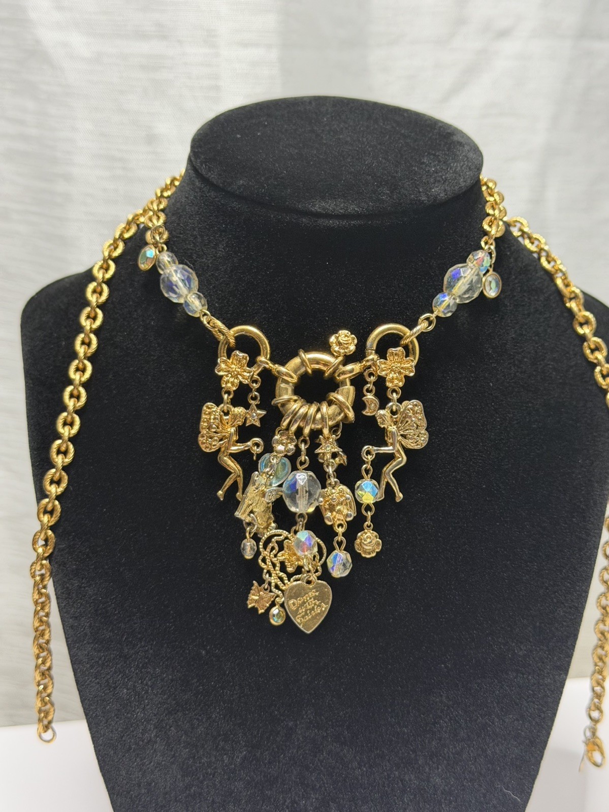 Vintage Kirks Folly Charm Necklace Dance w/Fairies AB Crystals & Charms Signed