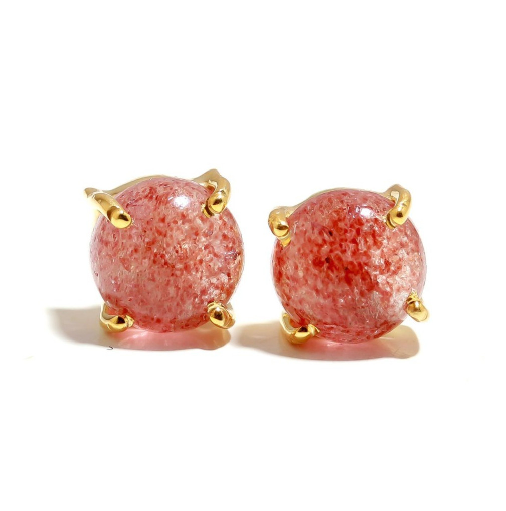 Natural Red Strawberry Round Stud Earrings Gold Fill 925 Sterling Silver Jewelry