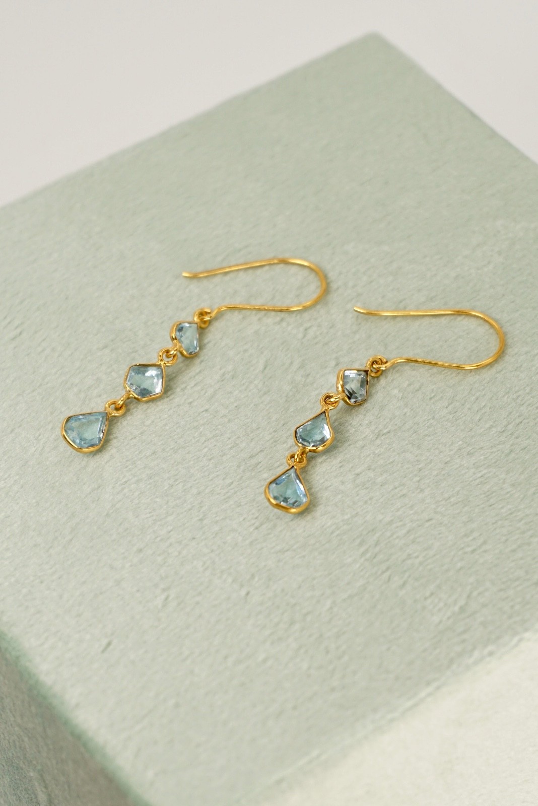 18k Gold Aquamarine Drop Earrings – March Birthstone, French Hook, Bezel Set