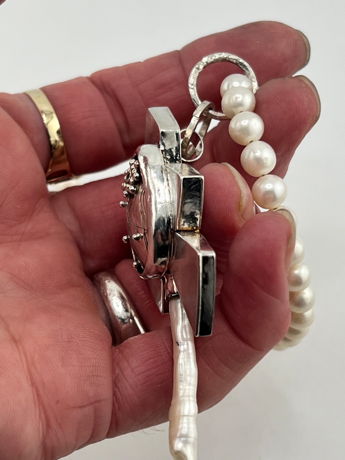 Artisan Pearl necklace 925 Sterling silver hollow form pendant signed FLW