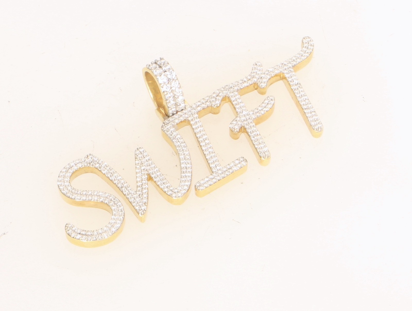 14k Solid Yellow Gold 360 Natural Diamond SWIFT Letter Name Pendant 63mm 15Grams