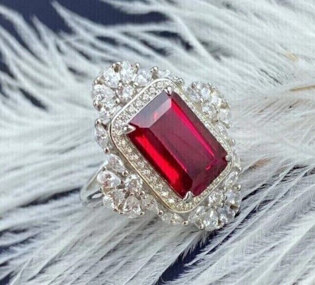 3Ct Emerald Cut Simulated Ruby & Diamond Engagement Ring 14K White Gold Plated
