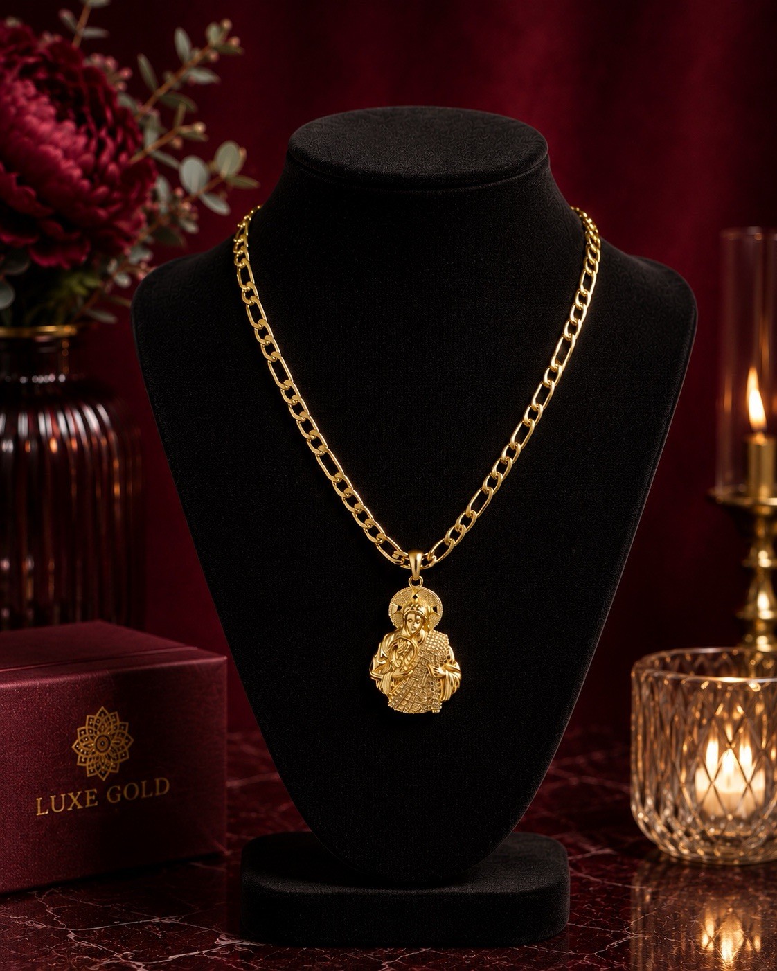Luxe Gold Yellow Gold Plated Figaro Chain Religious Round Charm 24in
