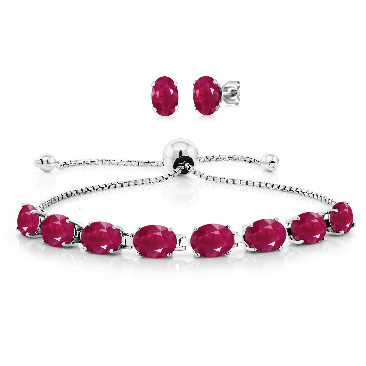 925 Sterling Silver Ruby Bracelet Earrings Set For Women (10.00 Cttw, Gemstone