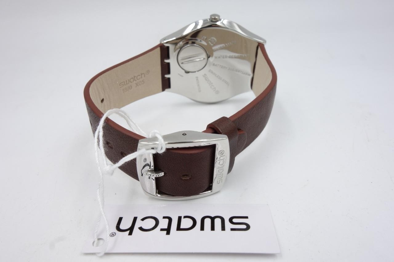 New Swiss Swatch SKINWIND Brown Leather Stainless Steel Watch 42mm SS07S101 $190