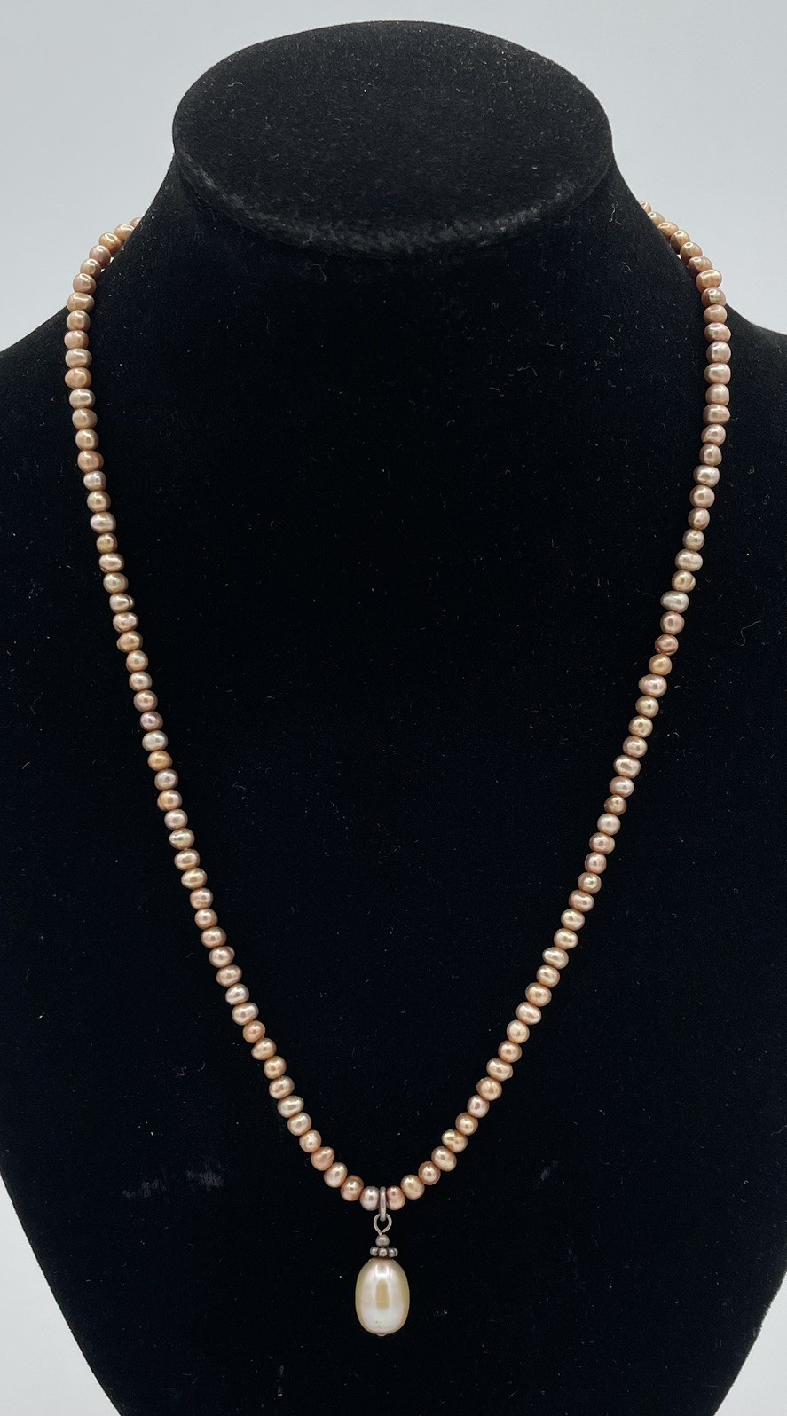 Vintage 4mm Golden Brown Seed Pearl Necklace with Cream Oval Pearl Pendant