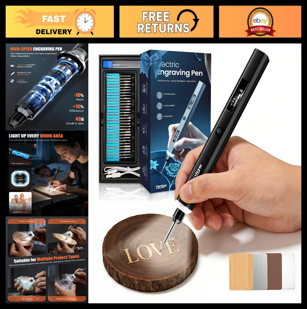 Engraving Pen Tool for Metal, Wood, Glass & Plastic – LED, 5 Speeds, Rechargeabl