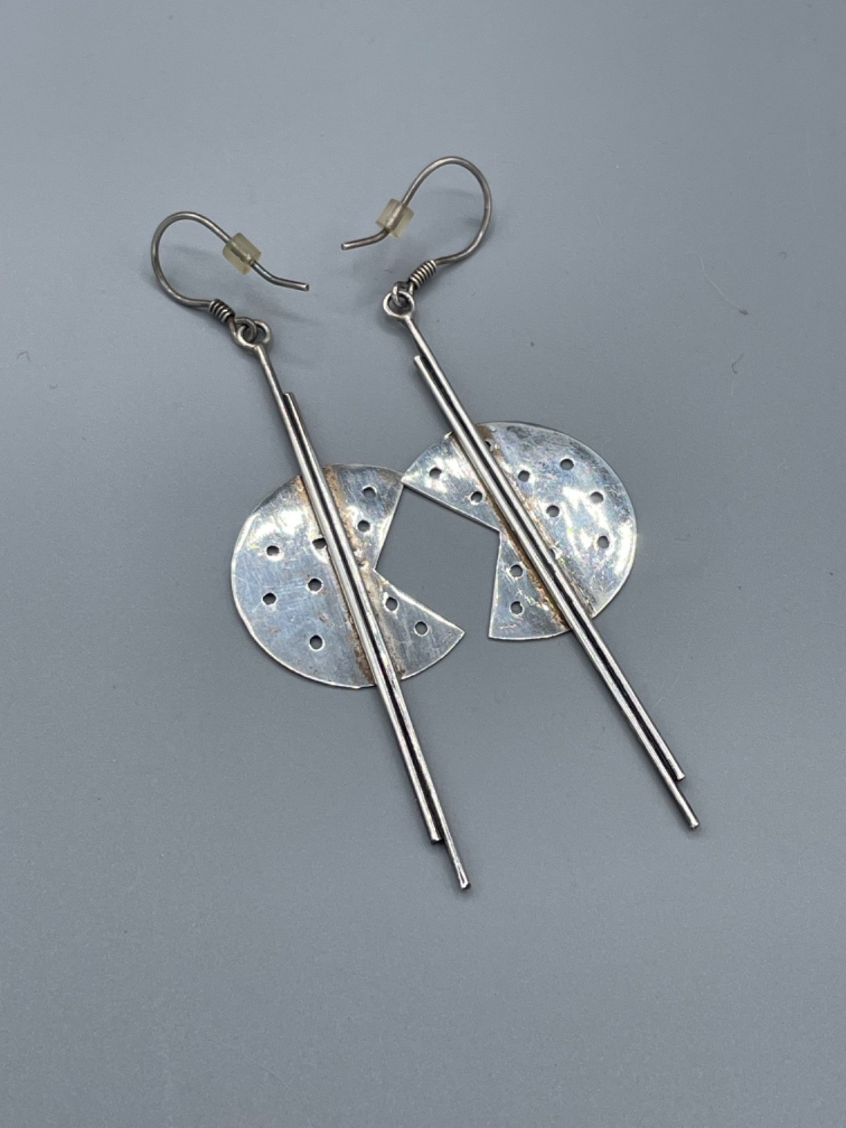 Sterling 925 Handmade Modernist Pierced Circle Pacman Shape Hook Earrings
