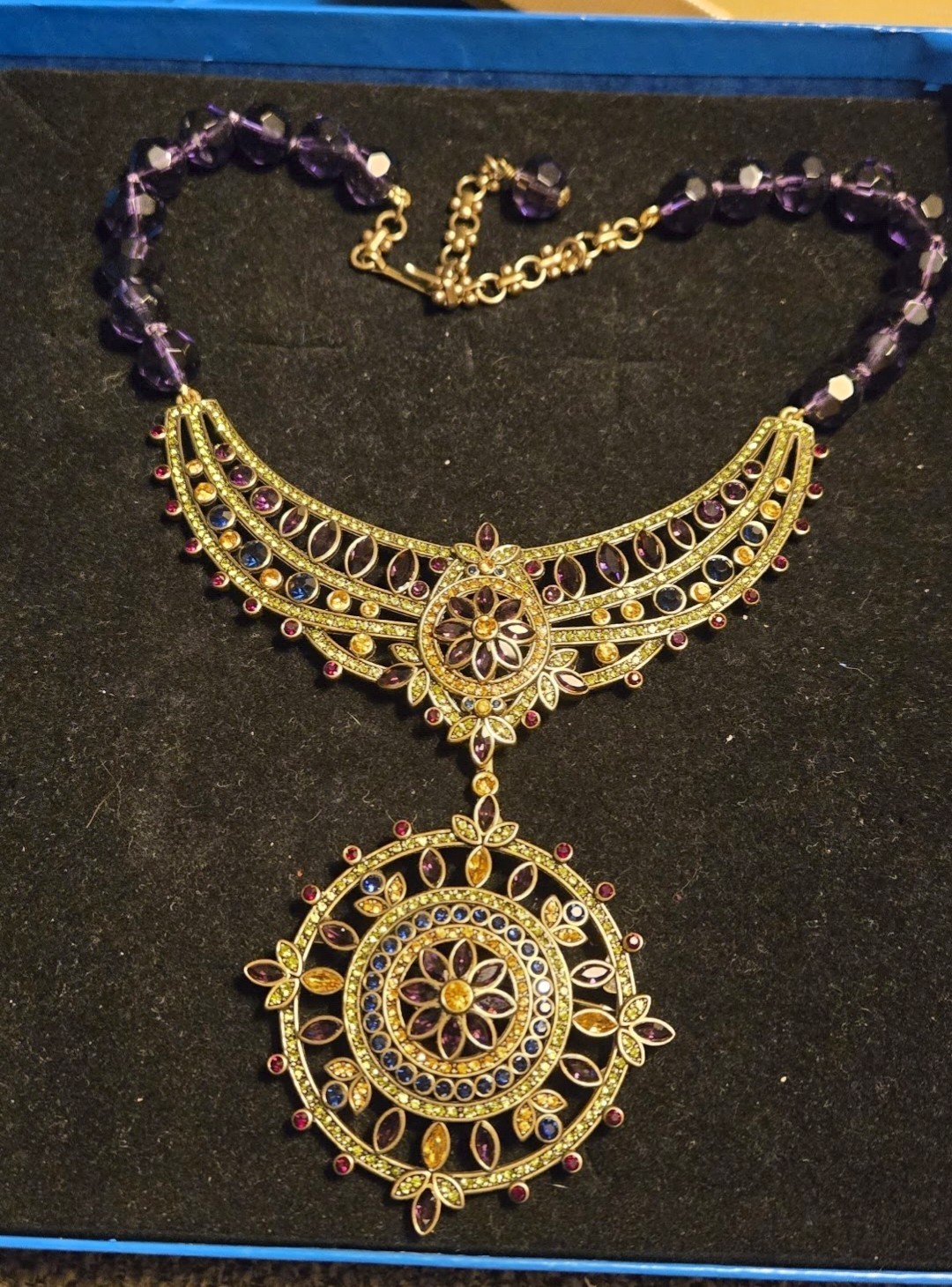 Gold Plated Purple Crystal Beaded Statement Pendant Necklace Round Charm