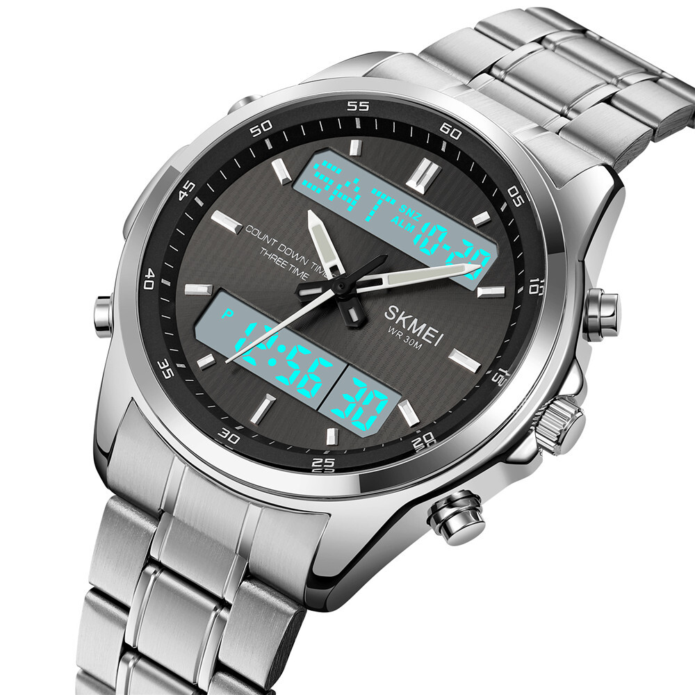 NEW Men Quartz Watch Silver Steel Digital Wristwatch Male Sport LED Watch Gifts