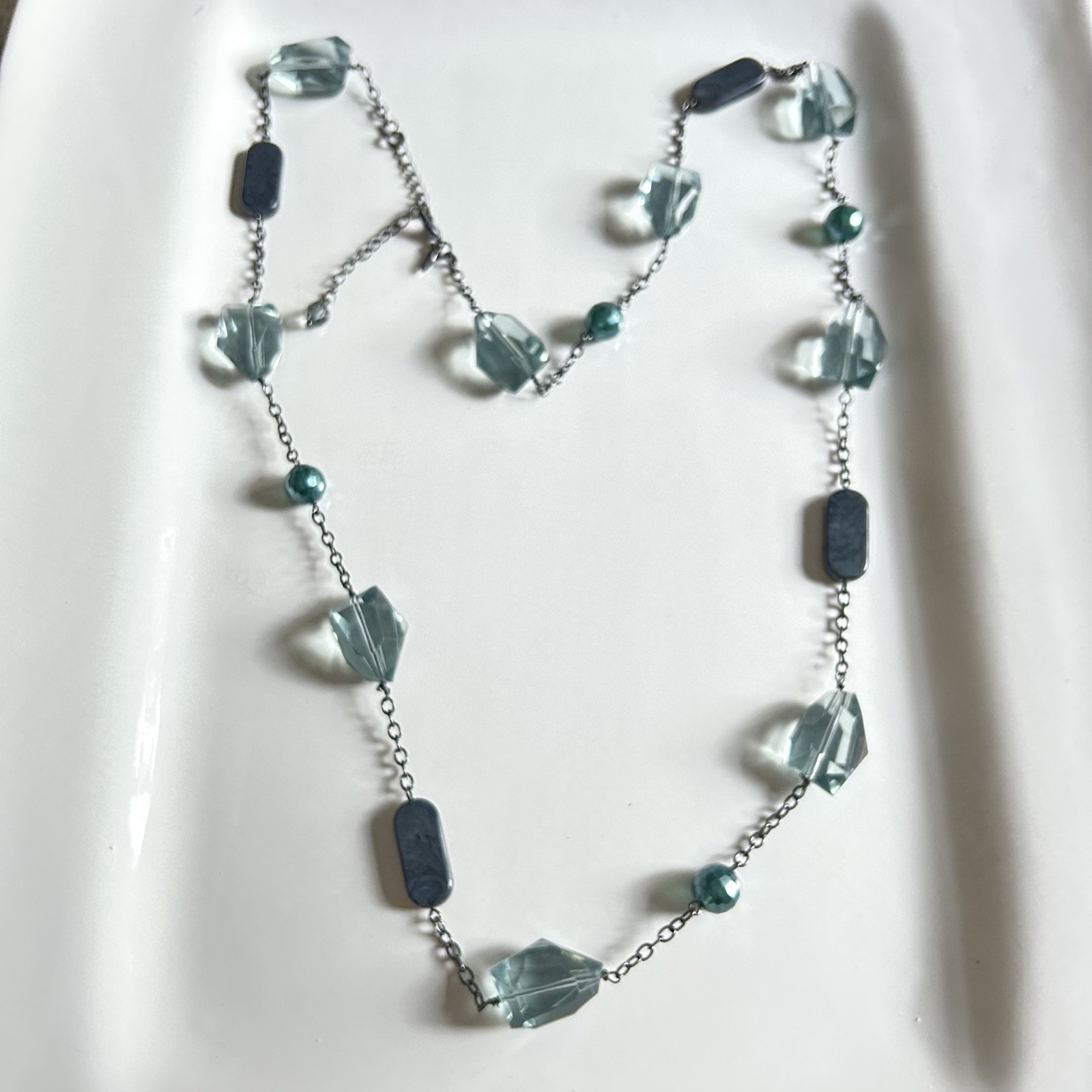 LIA SOPHIA 41″ bead Necklace gray teal blue faux pearl silver tone chain