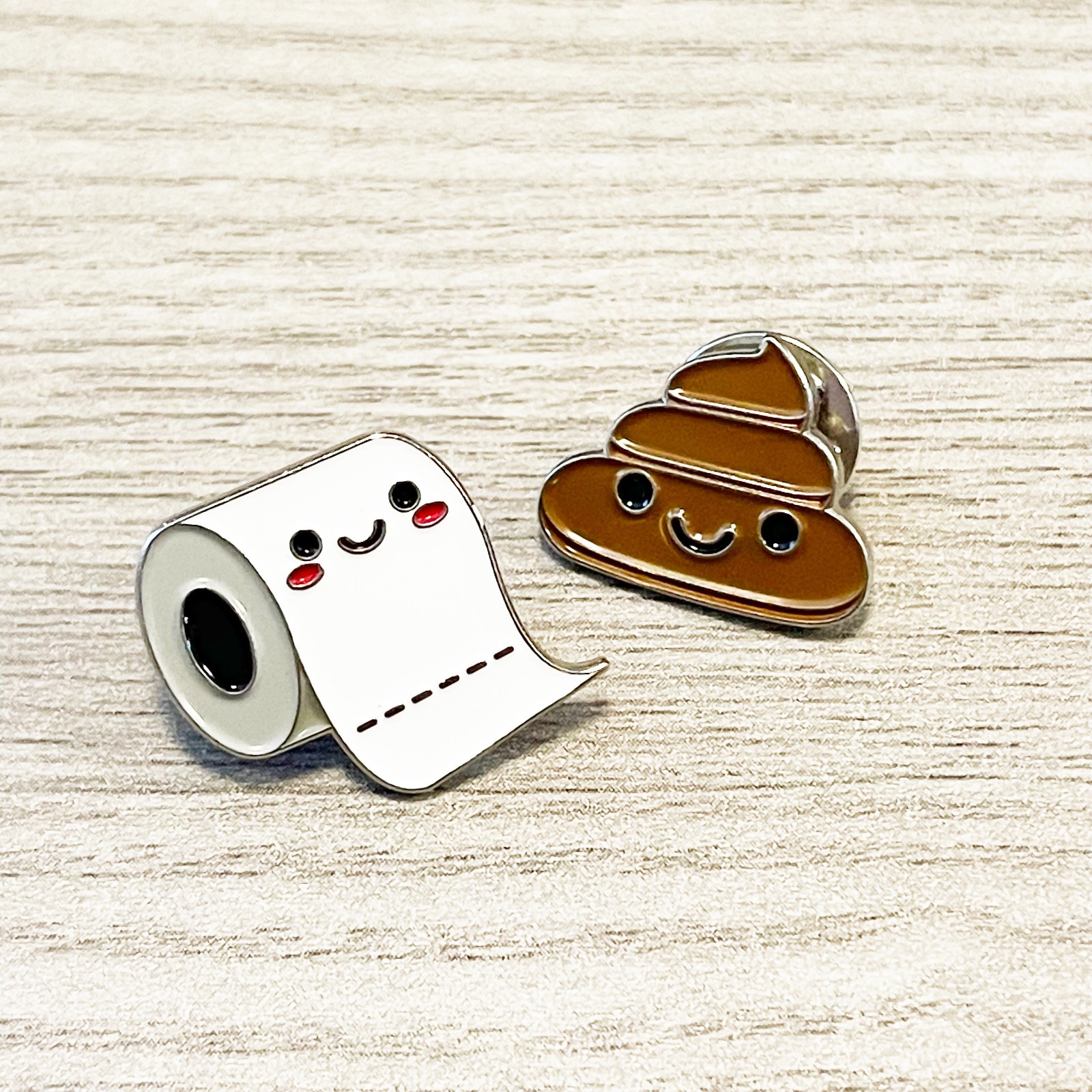 Cute Kawaii Toilet Paper & Poop Enamel Lapel Pins Set of 2 Funny Bathroom