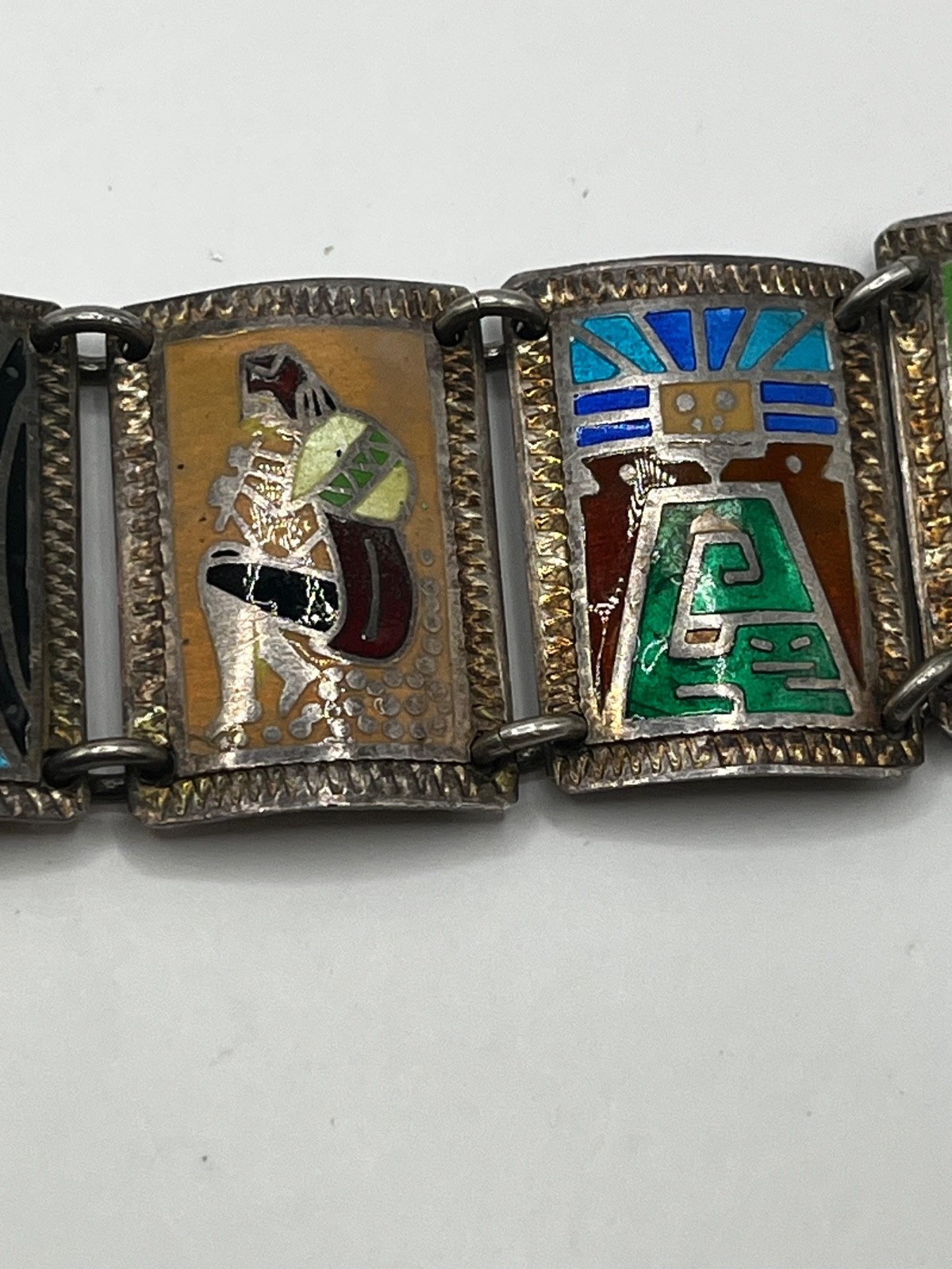 Vintage Mid-Century Peruvian 925 Sterling Silver Enamel Link Panel Bracelet 44g