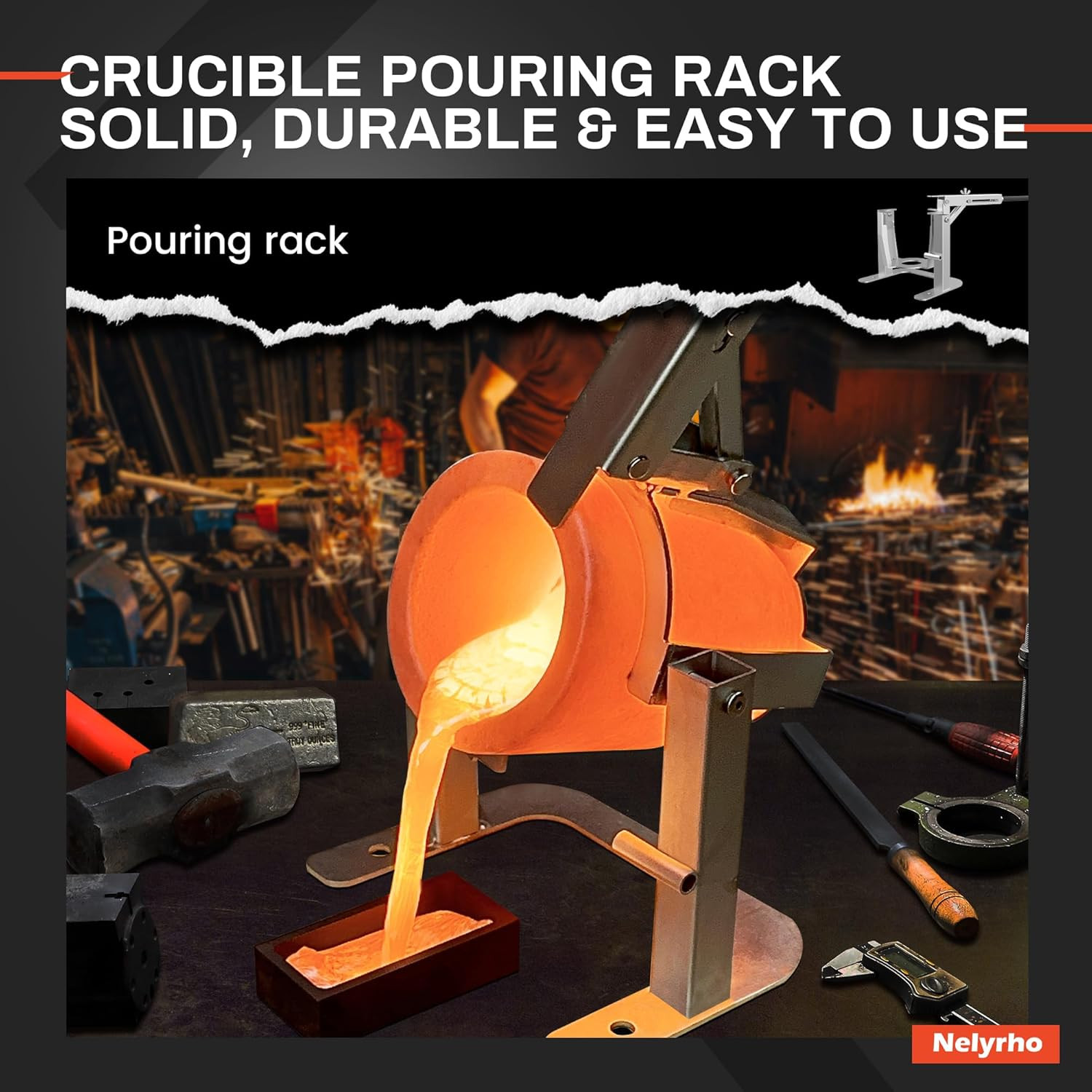 Hand-Held Crucible Pouring Tongs/Rack with a Graphite Crucible, Work with Crucib