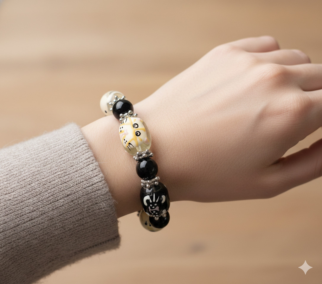 Hand Painted Cat Glass Bead Stretch Bracelet Black White Kitty Charm Gift