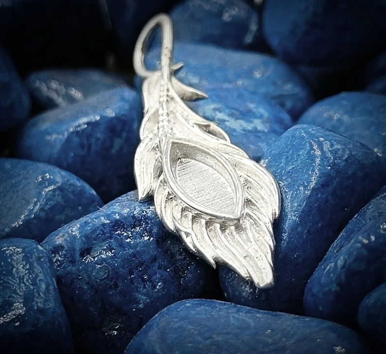 4x10mm Marquise & 37mm Feather Pendant 925 Silver Blank Bezel for Resin Jewelry