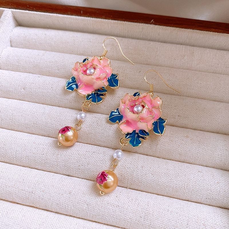 New Chinese Enamel Painted Flower Pearl Tassel Earrings