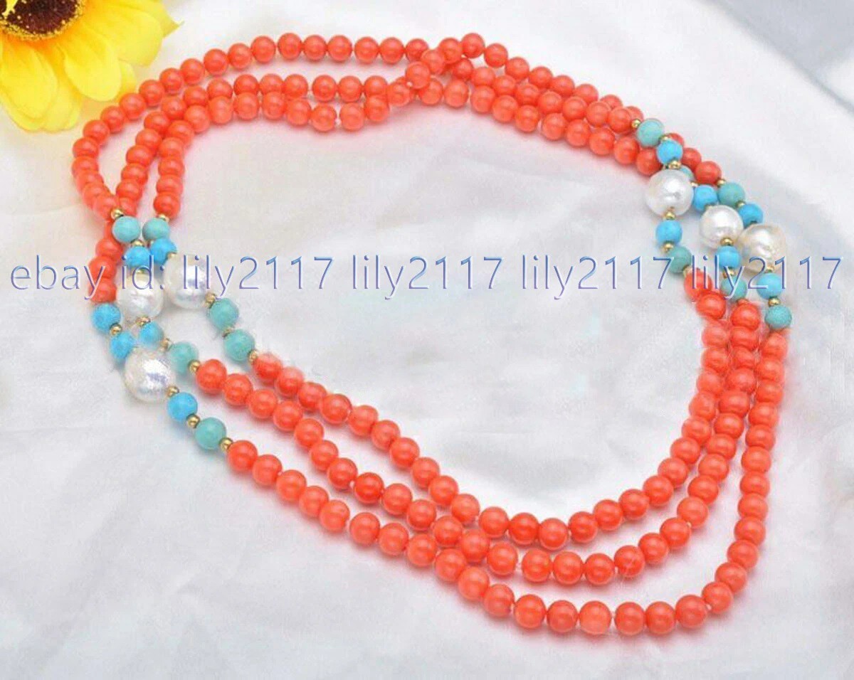 Round 6mm Pink Coral Blue Turquoise Gems &White Keshi Pearl Necklace 36-72 Inch