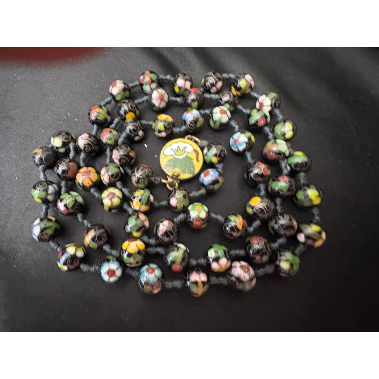 Vintage Chinese Cloisonne Bead Necklace 30in Double Knotted Silk 8mm