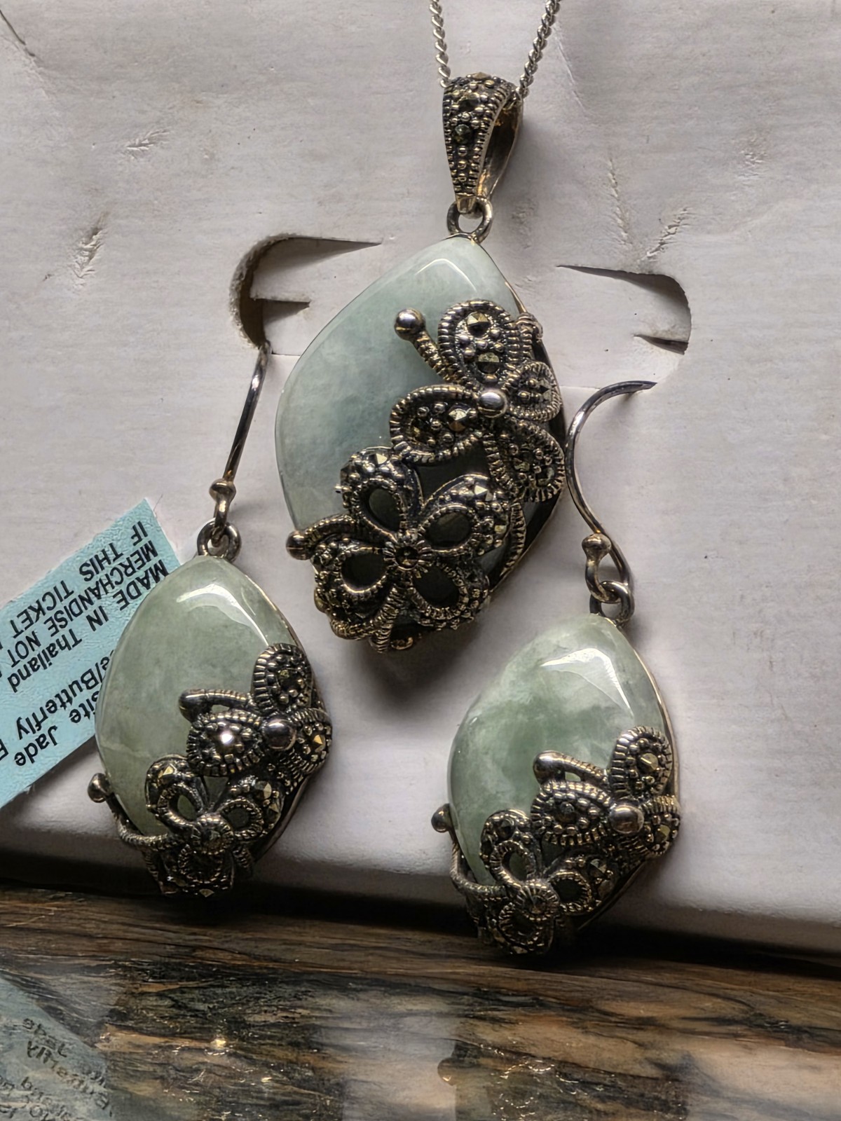 Vintage Sterling Silver Marcasite Jade Necklace & Earrings Set Butterfly Design