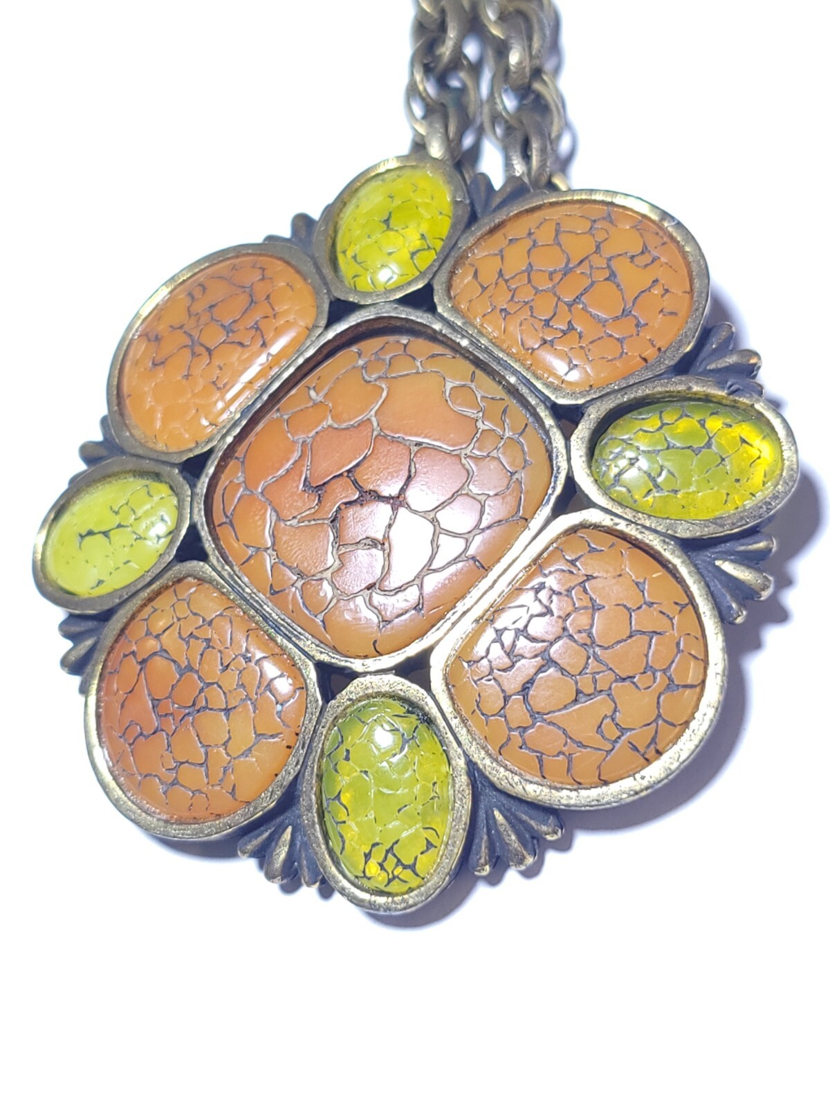 Hobé Vintage Necklace Orange Lime Green Thermoplastic Amulet Pendant 16″ Chain