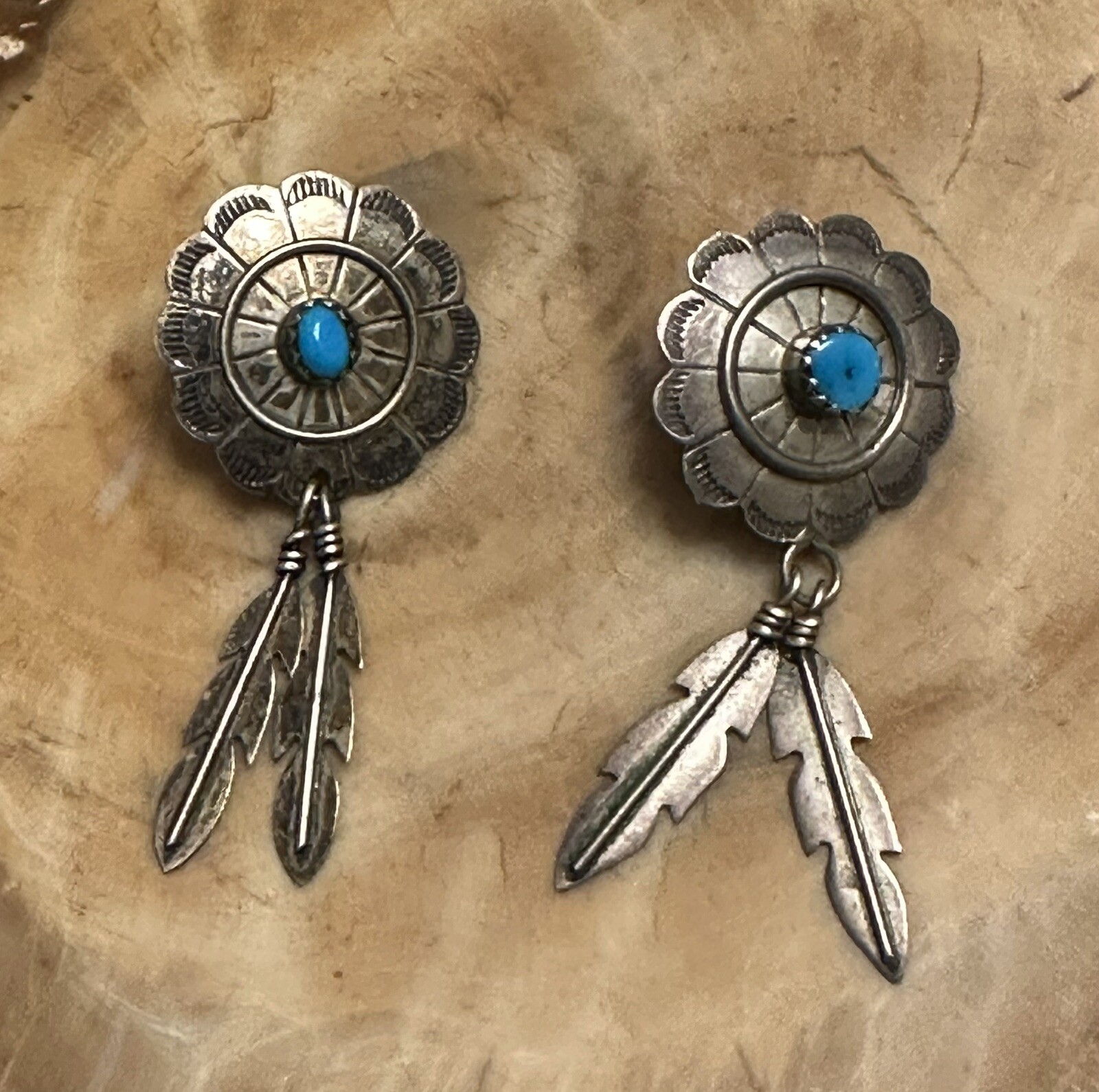Vintage Roger Skeet Native American 925 Silver Turquoise Feather Dangle Earrings