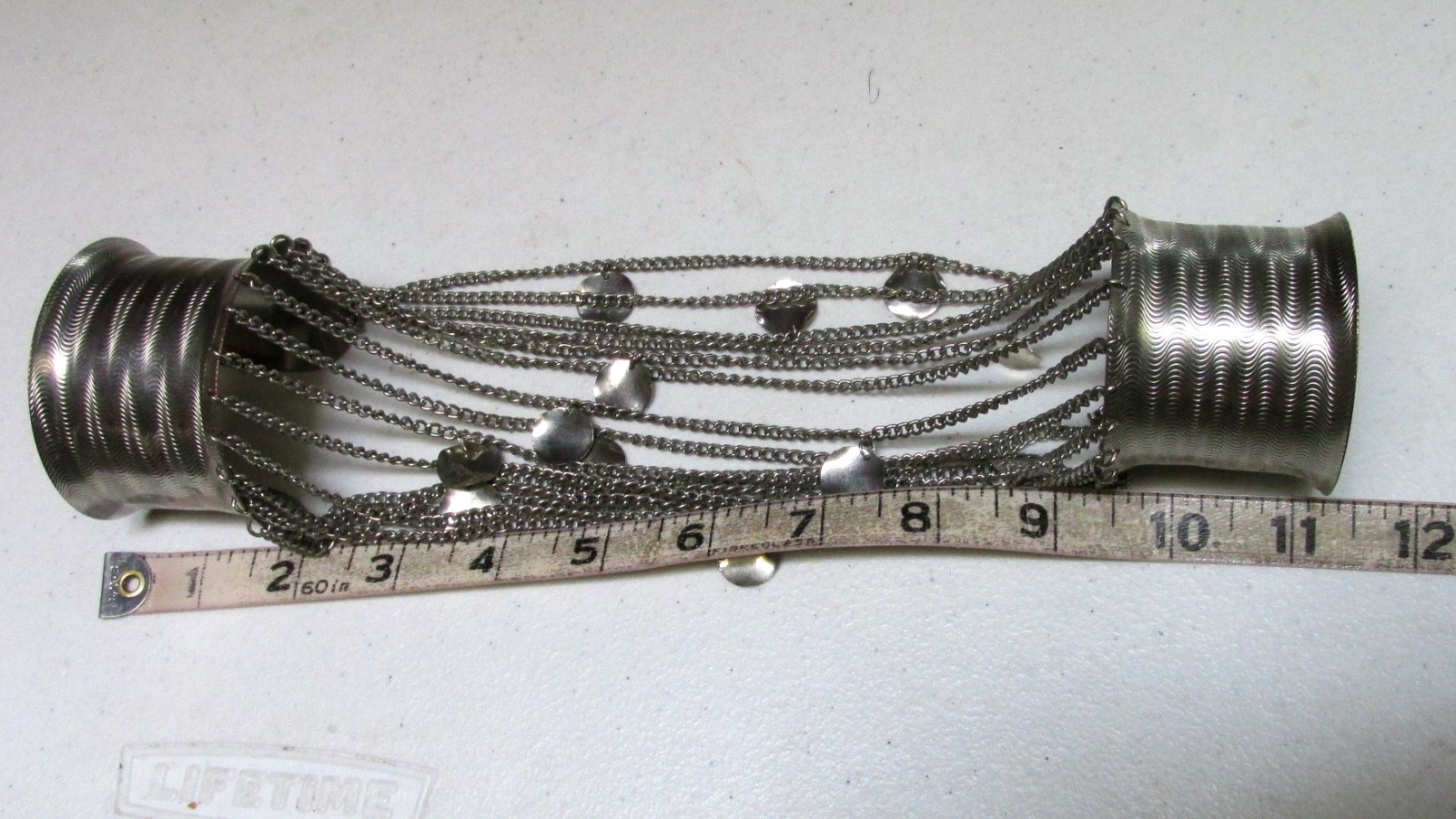 Vintage Belly Dance Metal Silver Tone Arm to Wrist Chain Attached Cuff Bracelets