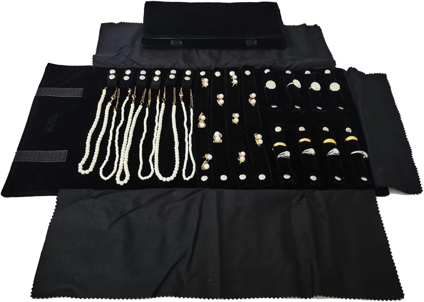 Portable Jewelry Organizer Roll Bag Black Velvet Adjustable Foldable Design