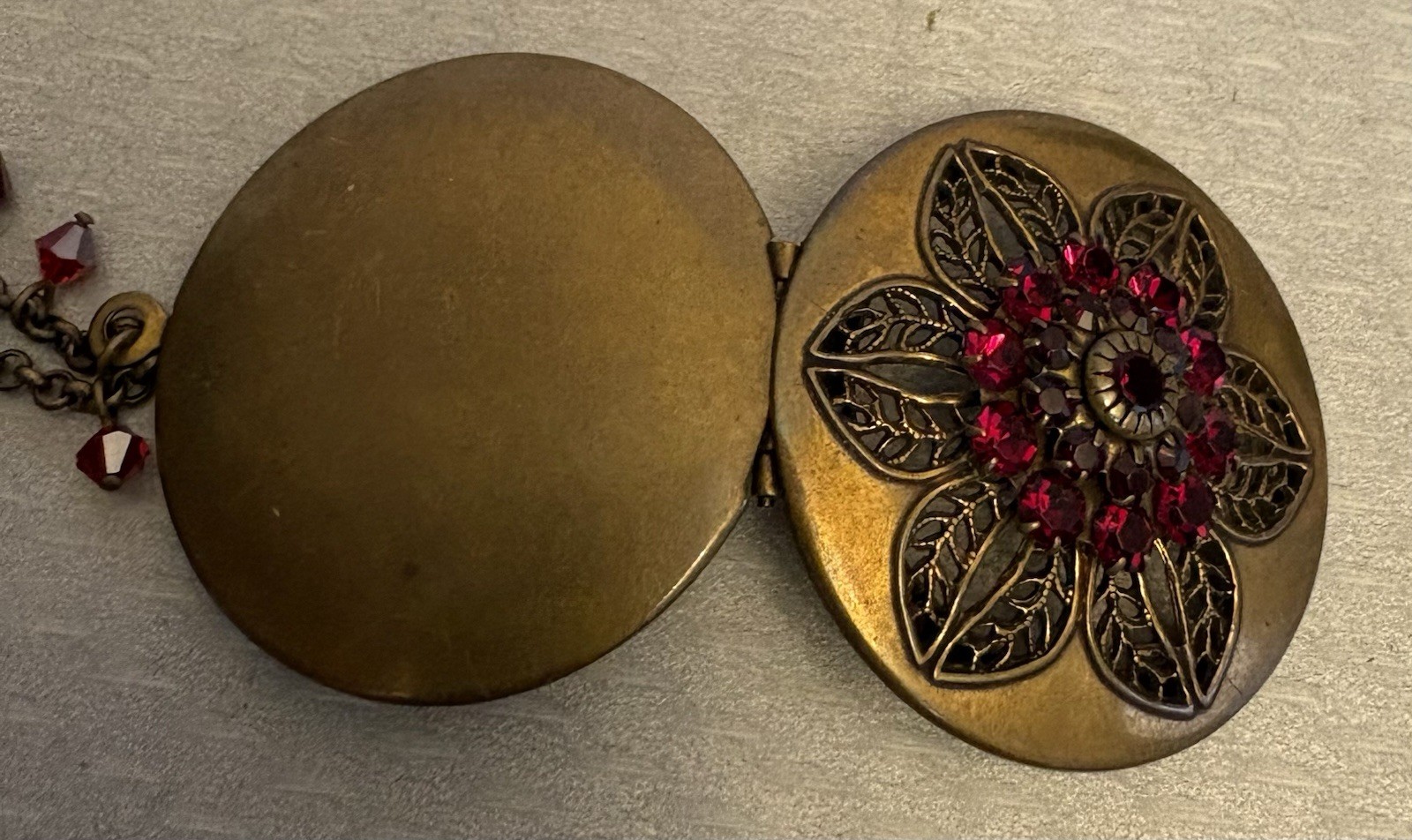 Liz Palacios SF Perfume Locket Necklace Brass Red Jeweled Filigree Scent Pendant