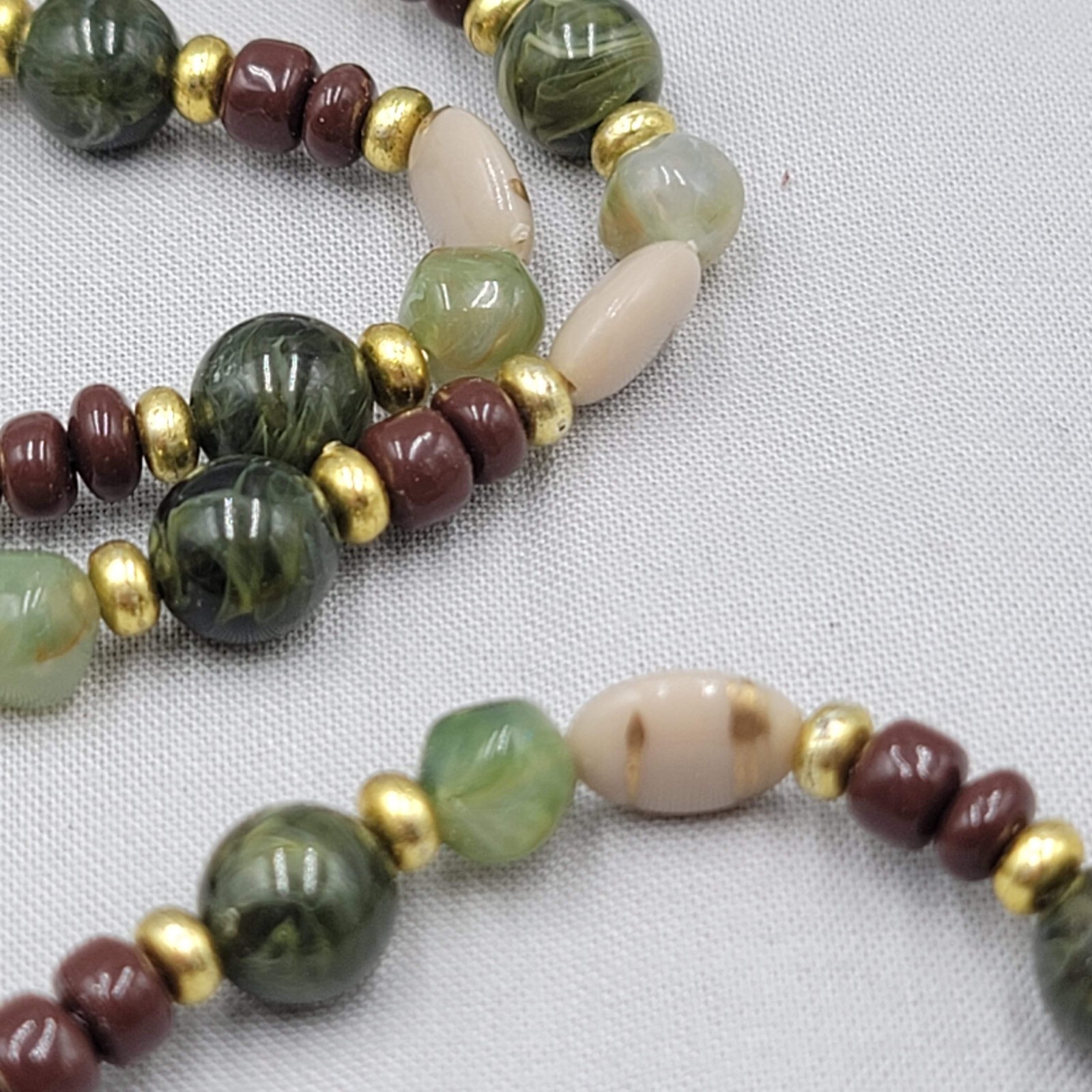 Vintage Brown Green Beige Bead Necklace Gold tone 36″