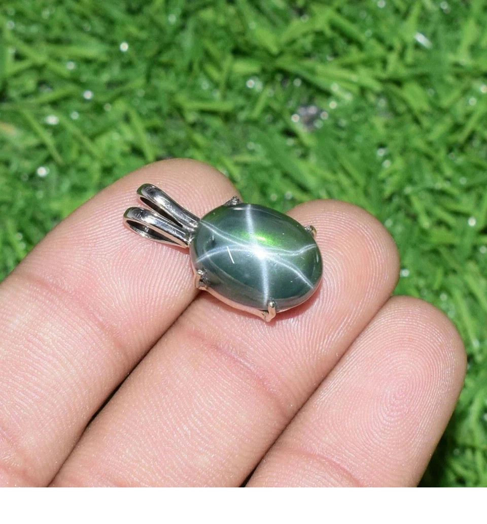 15 Ct Natural Oval 6 Rays Green Star Sapphire Gemstone Sterling Silver Pendant