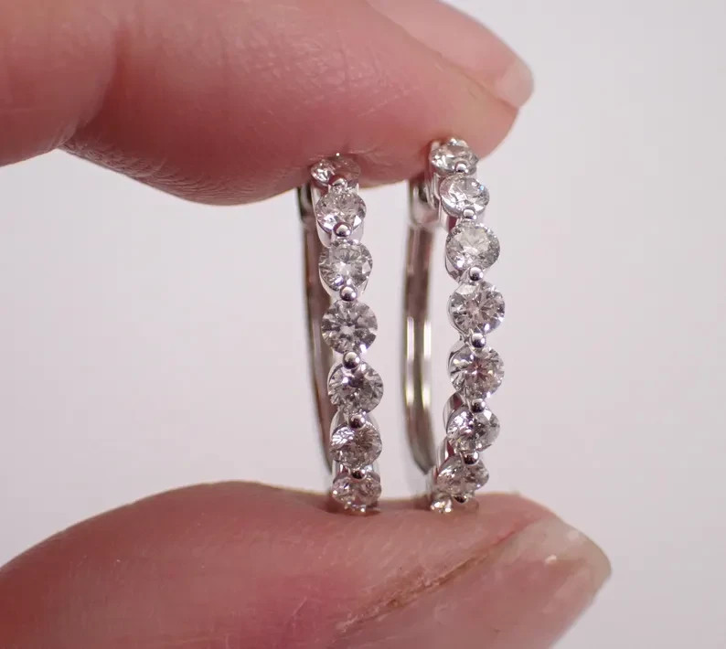 1.60Ct Round Cut Real Moissanite Huggie Hoop Earrings 14k White Gold Plated