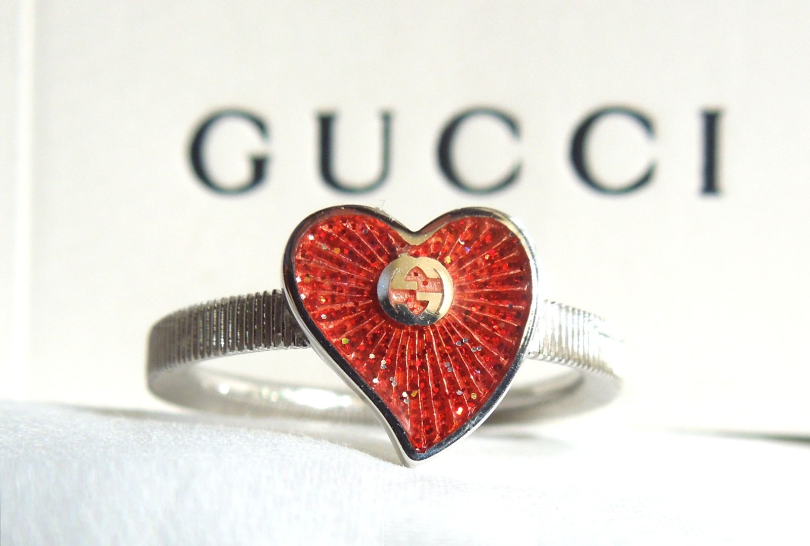 Gucci Sterling Silver Interlocking G Red Heart Enamel Ring sz7 NWT & Box $450