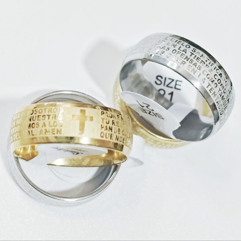 36 Pcs 8mm Spanish Lord’s Prayer Cross Etched Stainless Steel Rings Religious