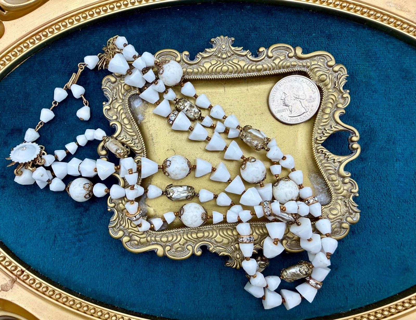 Vintage Milk Glass Multi Strand Necklace with Faux Pearls, Rhinestones (1940s-19