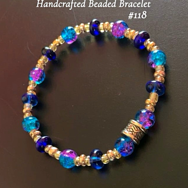 Handmade Blue/Purple/Gold Glass Beaded Bracelet #118, Round Beads, Stackable