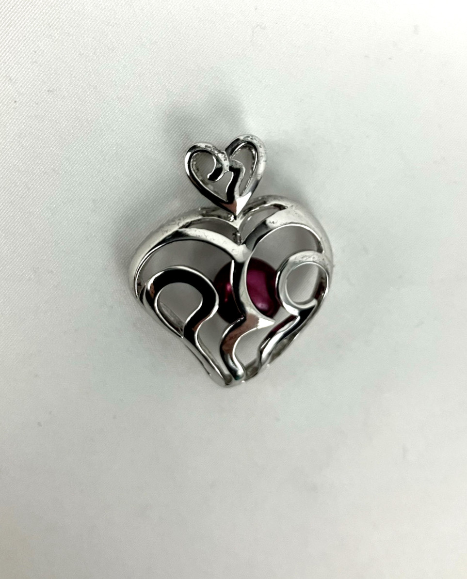 925 Sterling Silver Burgundy Faux Pearl Ornate Heart Pendant