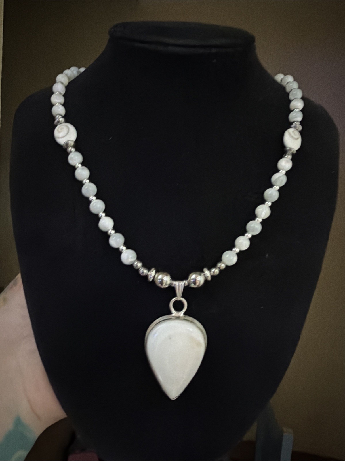 Handmade Mother Of Pearl Beaded Necklace W/ 925 Sterling Pendant 19-21 Inches