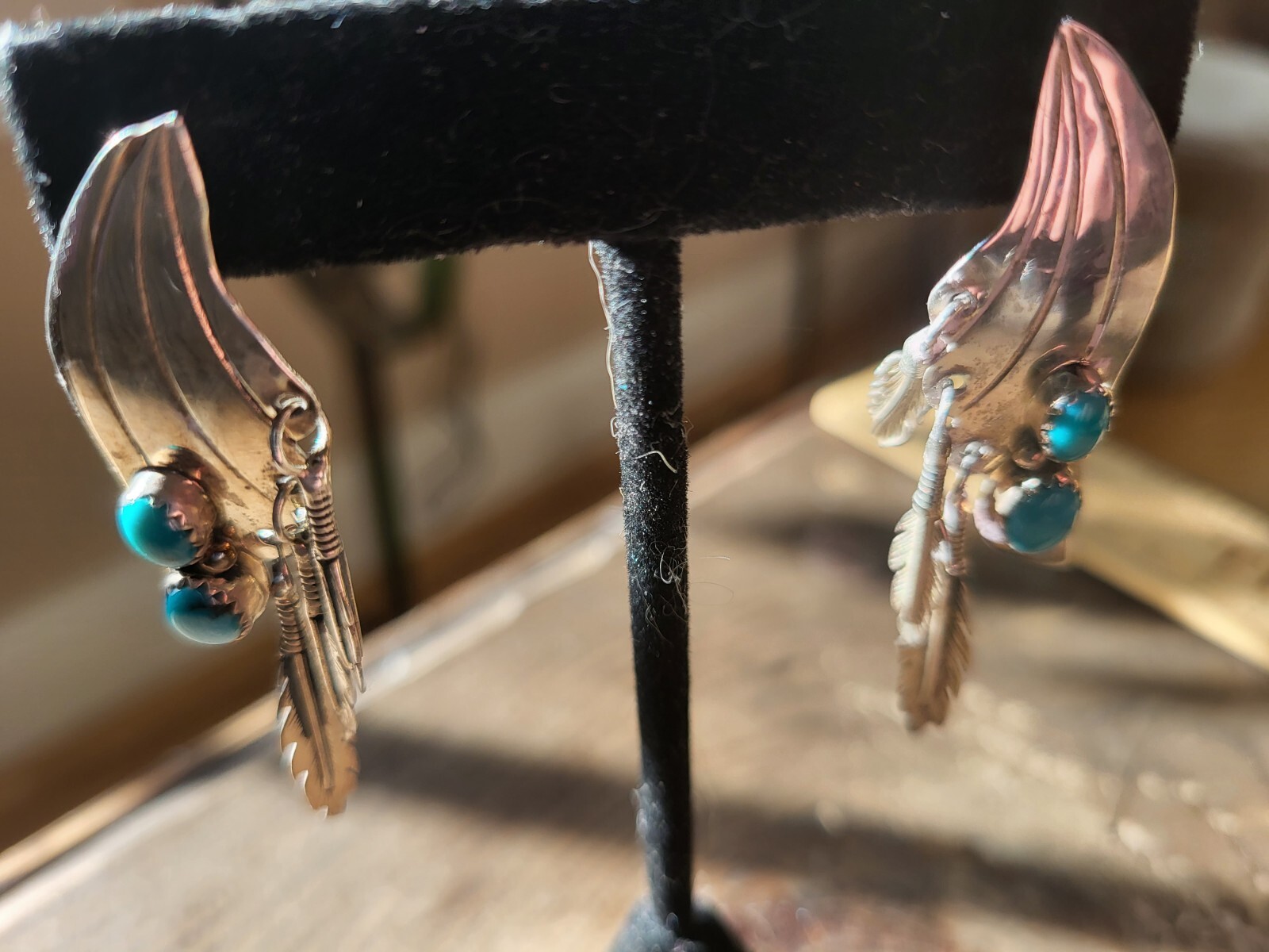 Navajo LD Lowell Draper Sterling Silver Black Turquoise Dangle Earrings Feathers