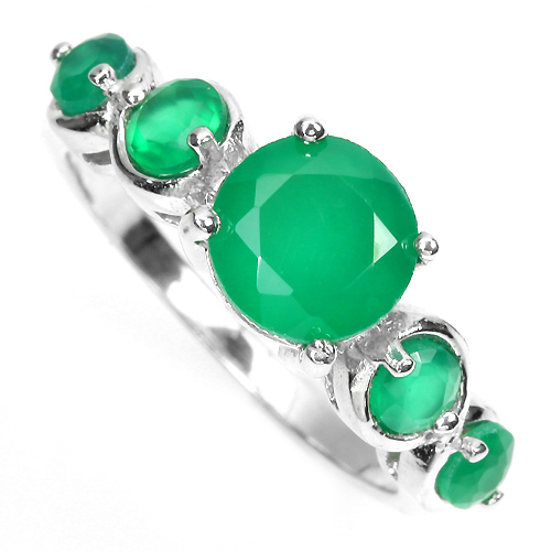 GENUINE ROUND CUT TOP RICH GREEN AVENTURINE 14K ON STERLING 925 SILVER RING 8#
