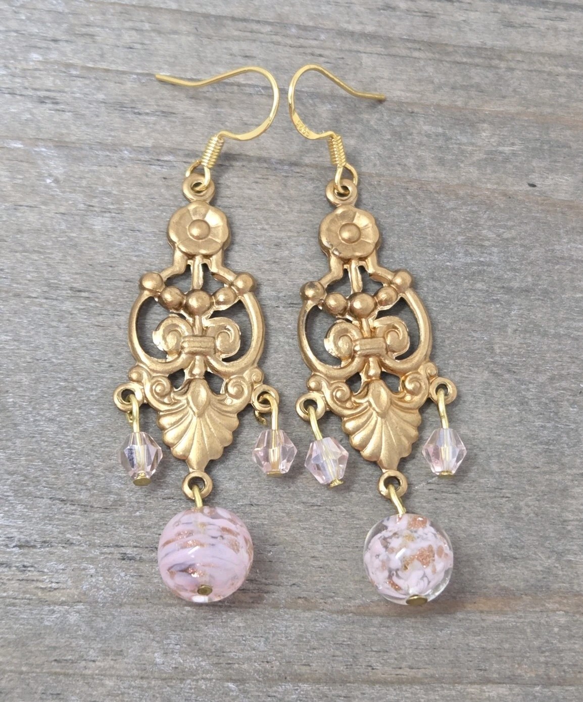 Light Pink Gold Murano Glass & Pink Crystal Dangle Drop Earrings Vintage 2 Inch