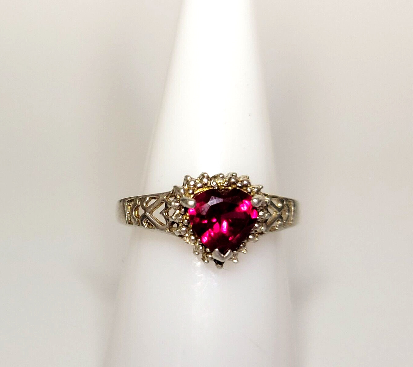 Sterling Silver (.925) Lab Created Ruby Heart & Diamond Accent Ring, Size 7, JJT
