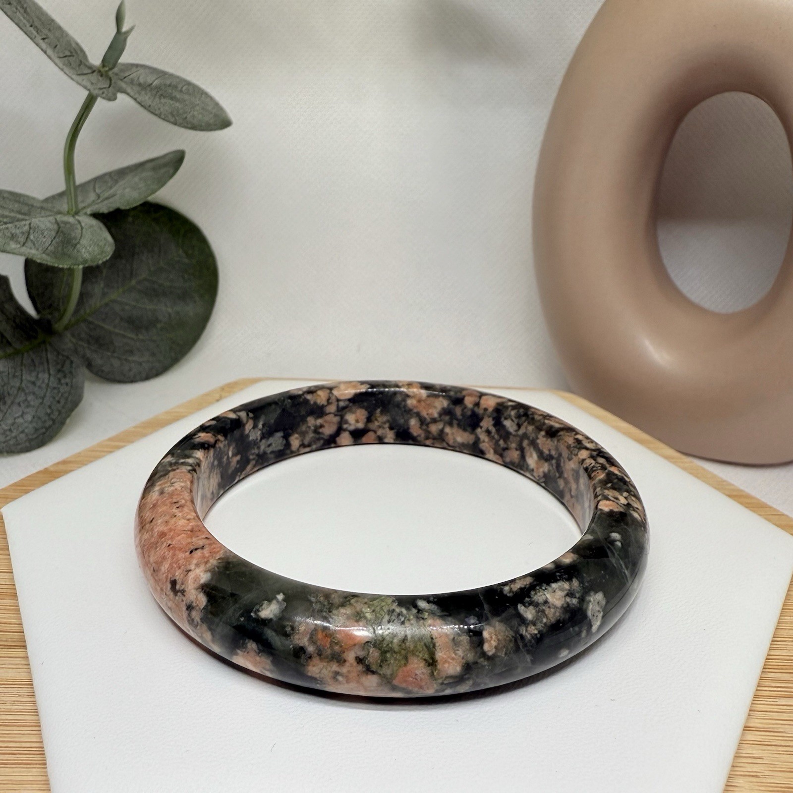 Pink Sakura + Green Rutilated Quartz Hard Bangle Size: 58.3MM Width: 11.6MM