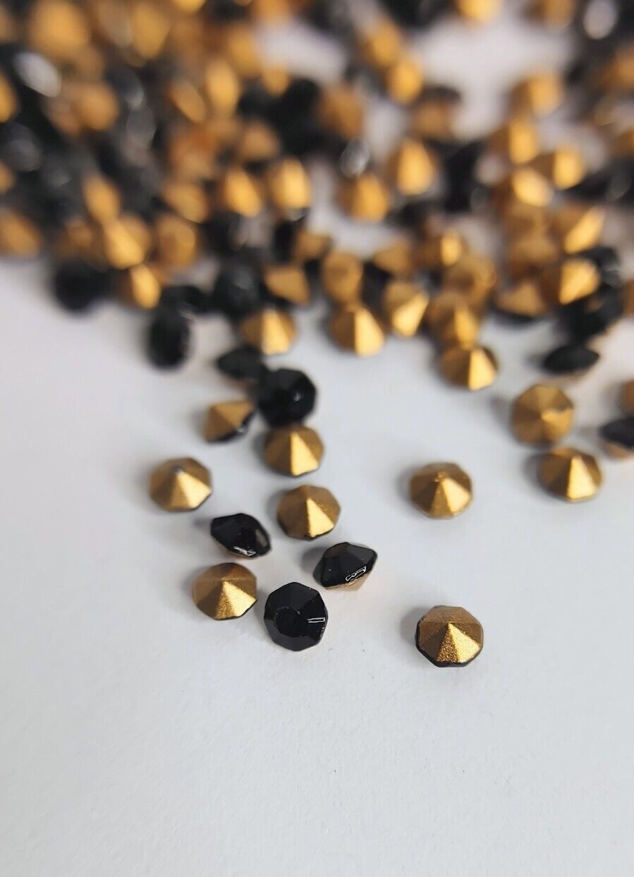 1440 Czech JET BLACK Gold Foiled Machine Cut EXTRA BRILLIANT CHATONS~SS12/24PP