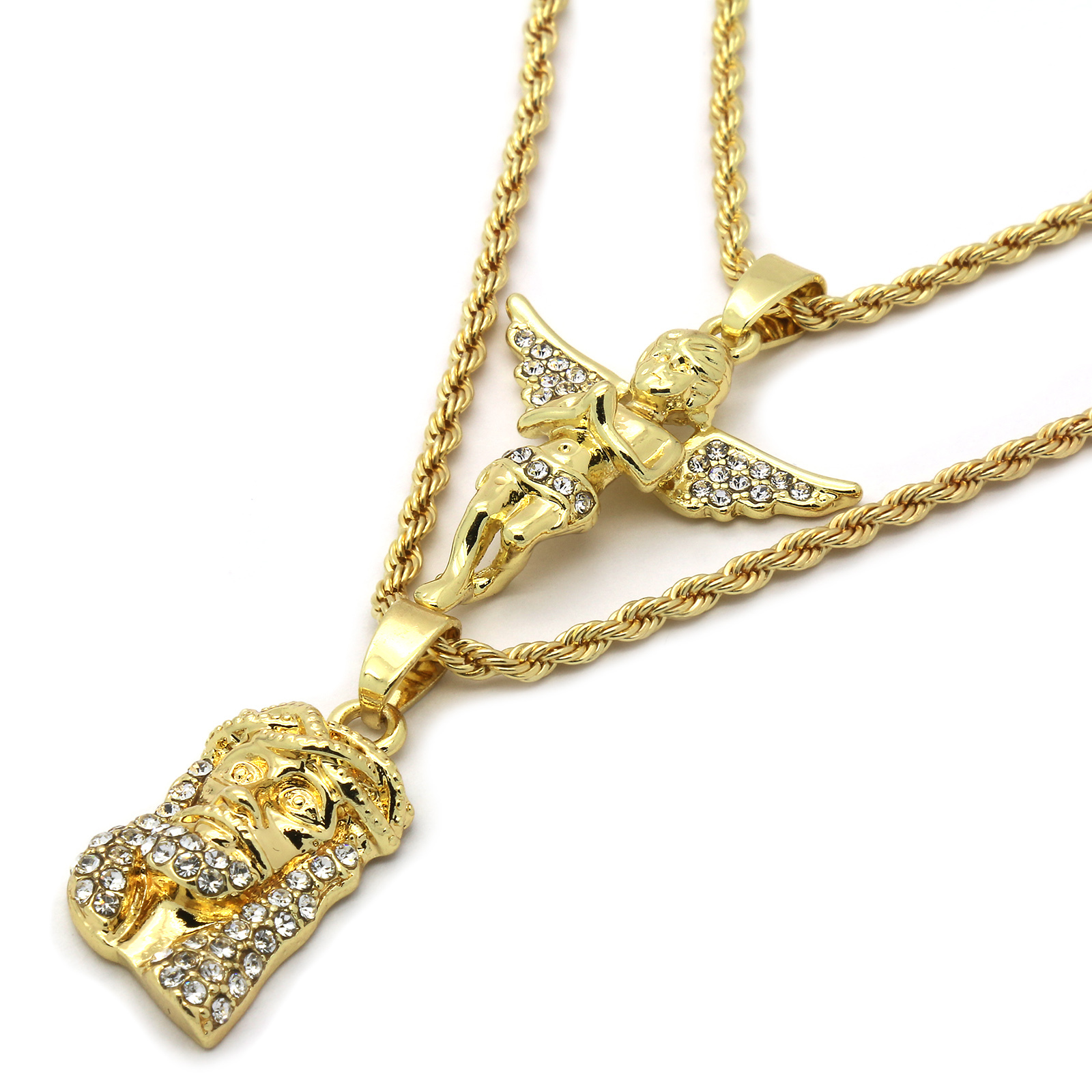 14k Gold Plated High Fashion Cubic-Zirconia Jesus & Angel 30″ & 24″ Rope chain