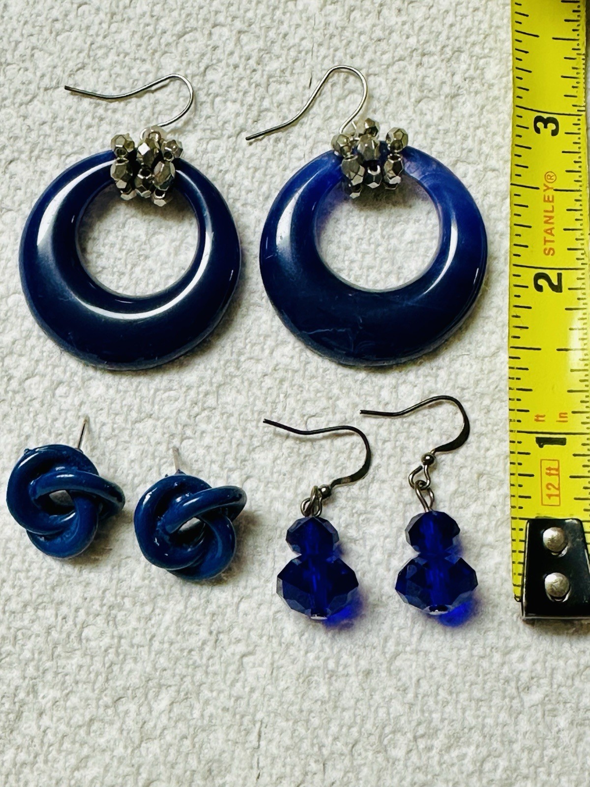Lot of 3 Navy Blue Lucite Enamel Glass Dangle Knot Post Pierced Earrings e508