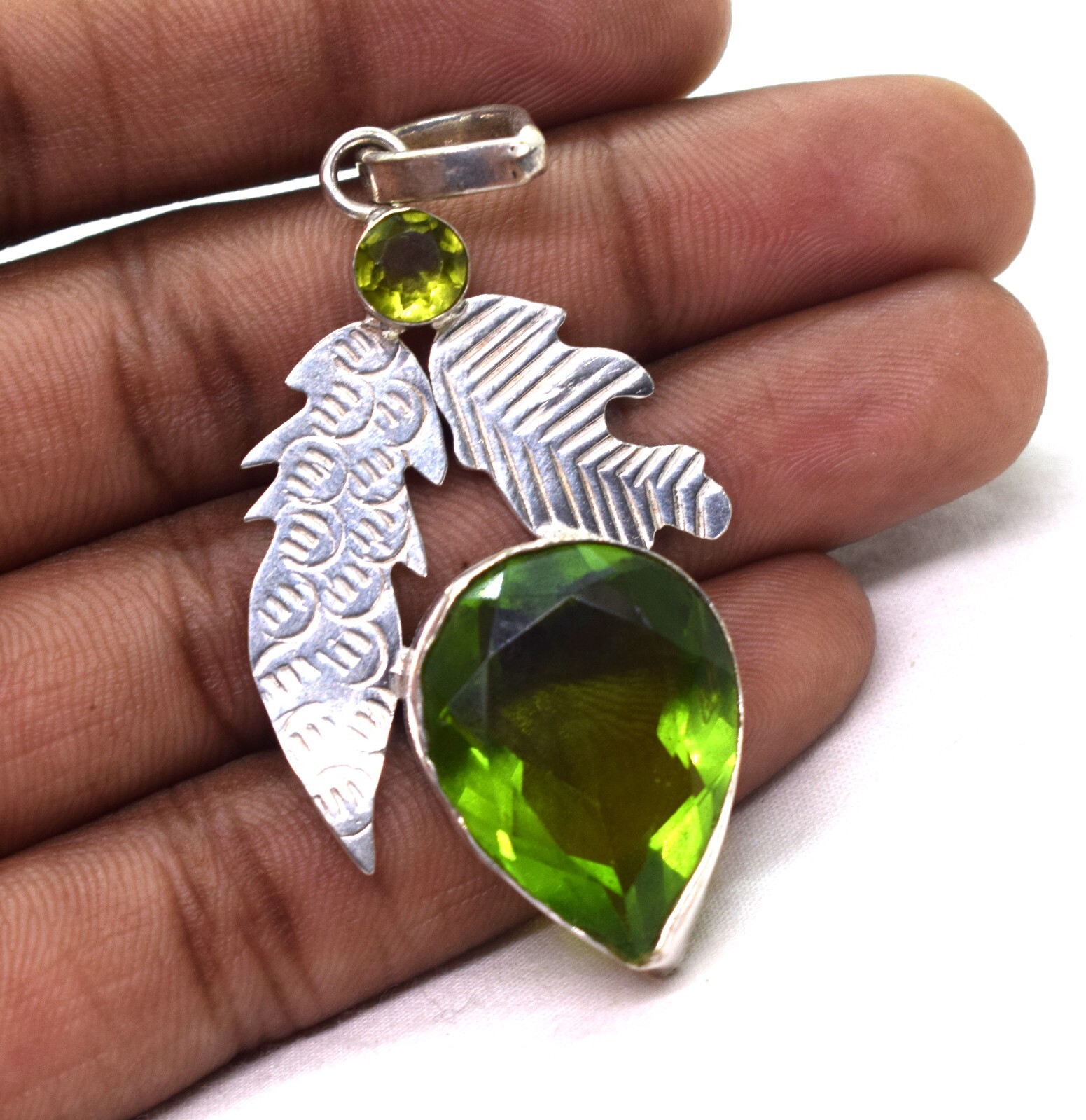 Simulated Peridot Faceted Pear Cut Leaf Design Fashion Jewelry Pendant 2.5″