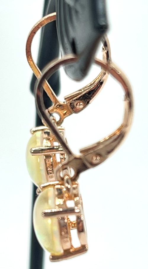 Earrings. Rose Gold Tone White Multicolor Reflective Opal Leverback w/1″ Drop