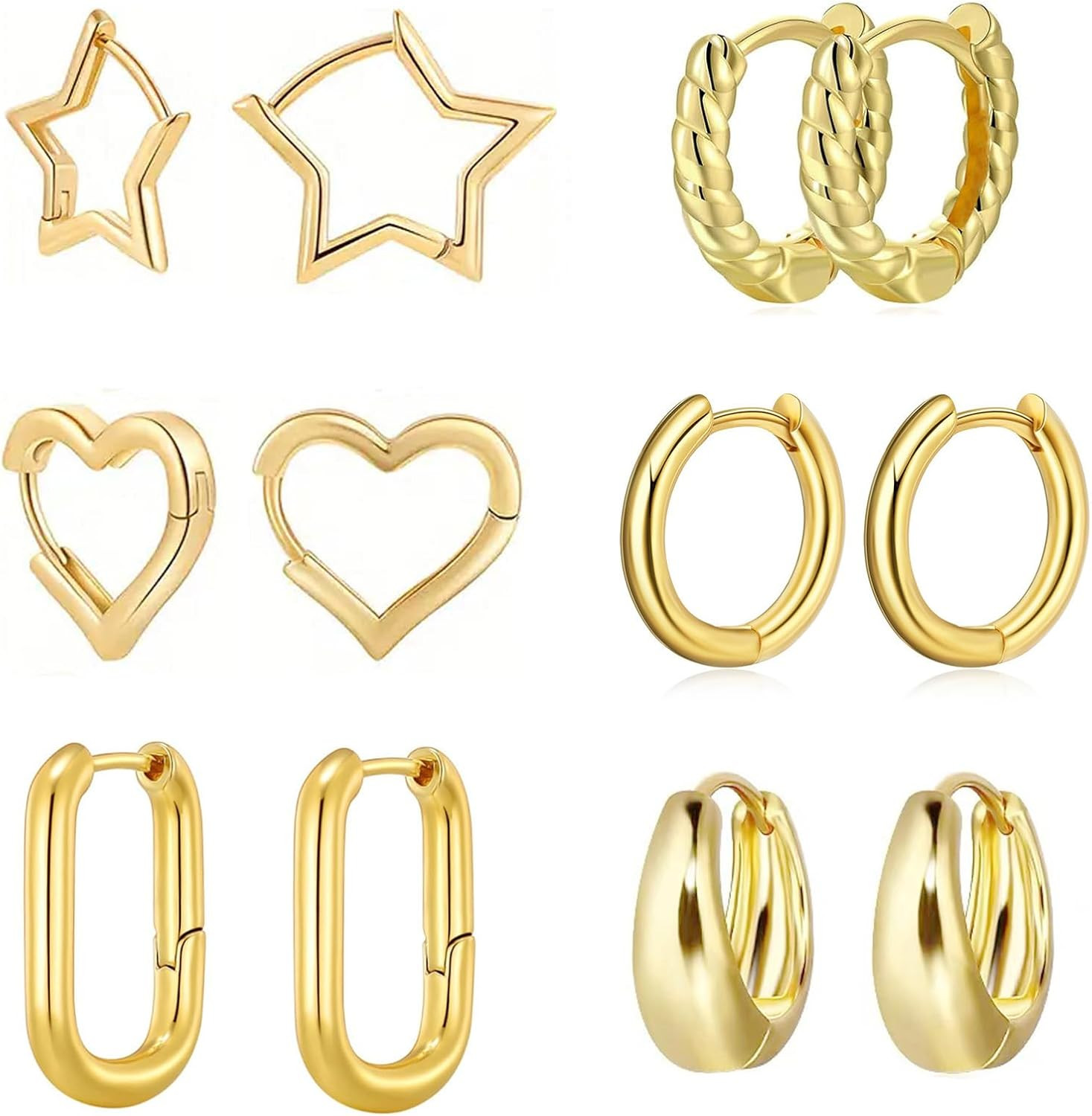 6 Pairs Gold Hoop Earrings for Women,14K Gold Plated Lightweight Chunky Hoop Ear