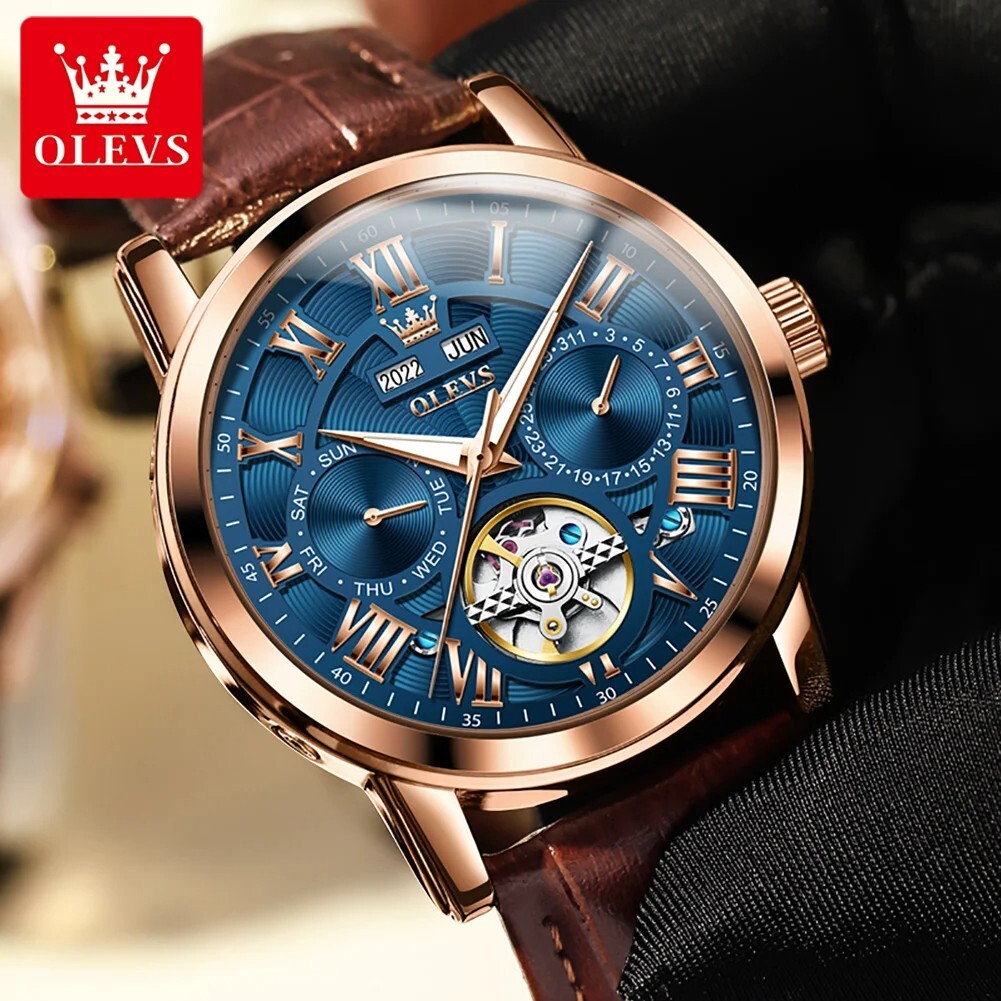 Automatic Mechanical Waterproof Watch Men’s Luxury Skeleton OLEVS Date Men Stra